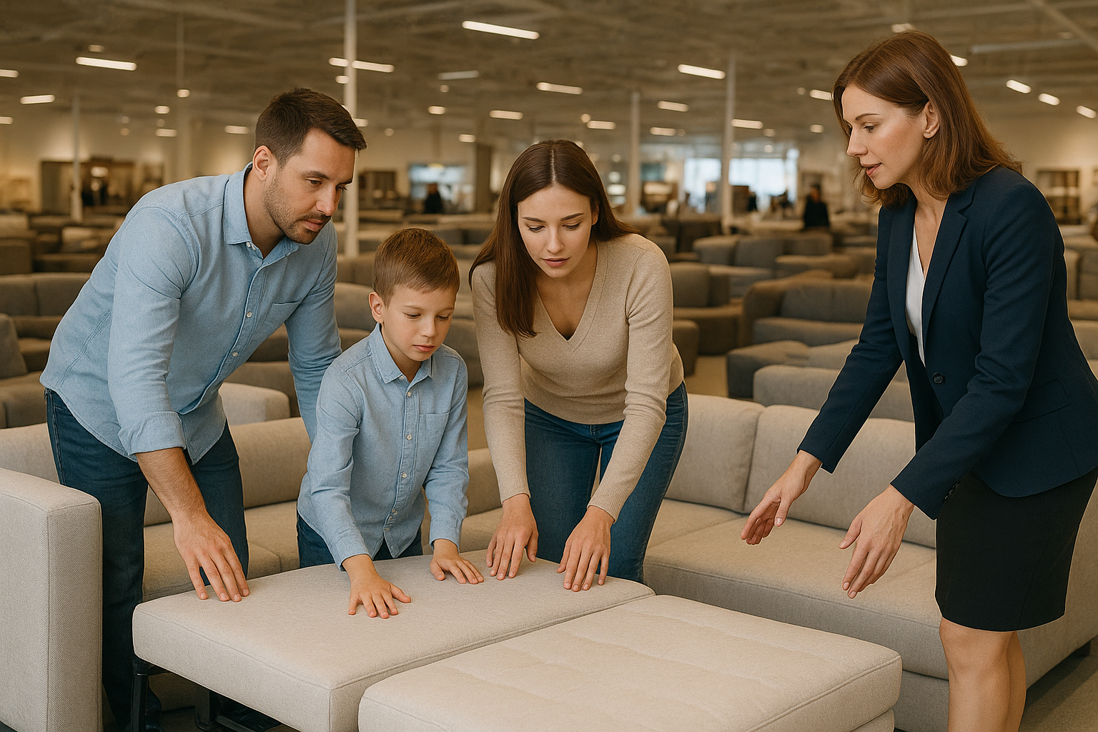 Реалистичное фото семьи, отдыхающей на раскладном диване в магазине Мебель Лотус